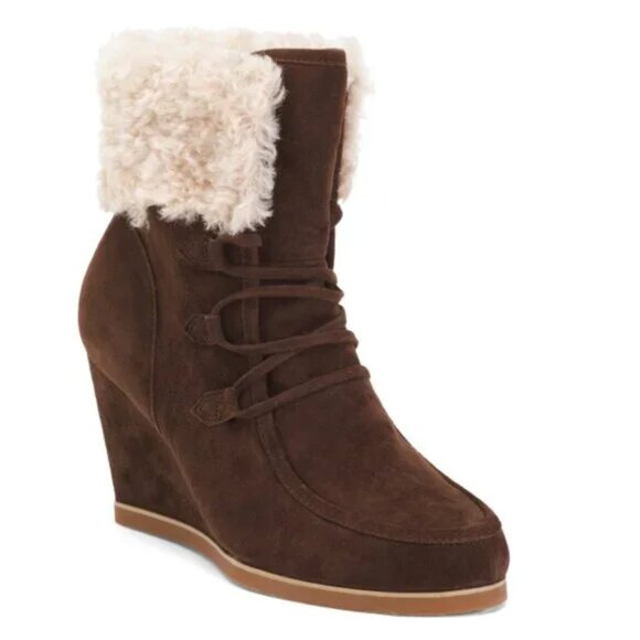 NEW CECELIA NEW YORK Suede North Star Faux Fur Wedge Boots Chocolate 667tn - Picture 1 of 5
